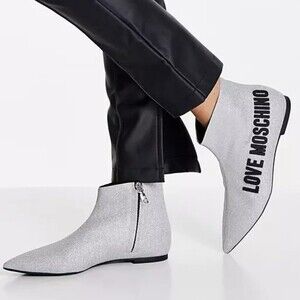 NIB Love Moschino Glitter Argento Silver Booties 37 / 7 Ankle Boots